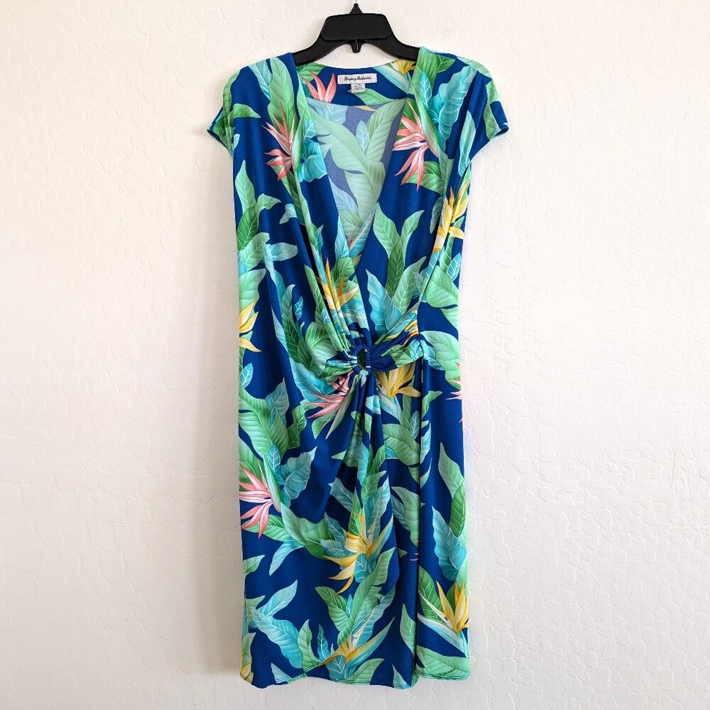 TOMMY BAHAMA Dress L Colorful Tropical Deep V Neck Faux Wrap Travel Cap Sleeve